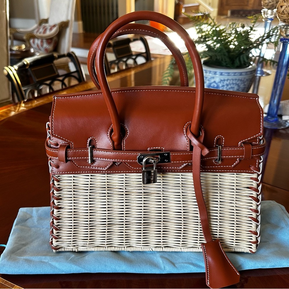 Chestnut Leather & Cream Wicker Satchel - Designer Style